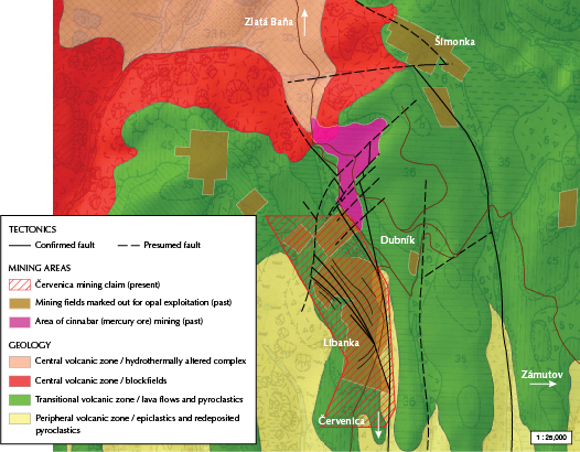 Figure 6. Geological map of the area where opal mineralization occurs.