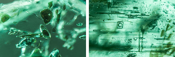 A suite of mica platelets (left) and blocky multiphase inclusions (right), consistently found in higher-iron emerald sources; fields of view 1.58 and 1.76 mm.