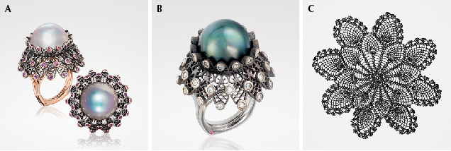 Three images of decorative rings: A features two rings with large pearls and intricate designs, B shows a single ring with a dark pearl, and C displays a lace-like floral pattern.