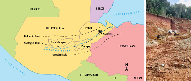 Figure 2. Left: Map of Guatemala and the location of the Morales mine (adapted from Harlow et al., 2011; Xing et al., 2021). Right: The jadeite ore at the Morales mine is hosted in the laterite layer. Photo by X.Q. Yuan.