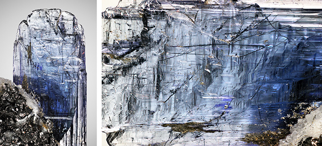 A merelaniite-included tanzanite crystal on a calcite and graphite matrix.