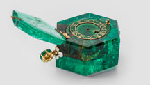One of the most important items from the Cheapside Hoard is this large Colombian emerald pocket watch, circa 1600.