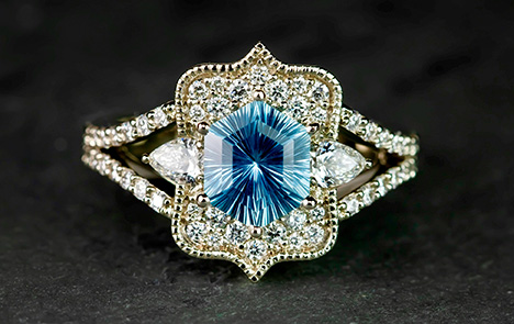 Figure 57. A 2.02 ct unheated Montana sapphire featuring concave faceting. Courtesy of Derek Katzenbach.