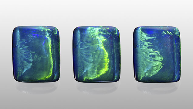 This composite image of a 4.80 ct precious cat’s-eye boulder opal shows the progression of the cat’s-eye as a light source moves across the stone. Photos by Annie Haynes.
