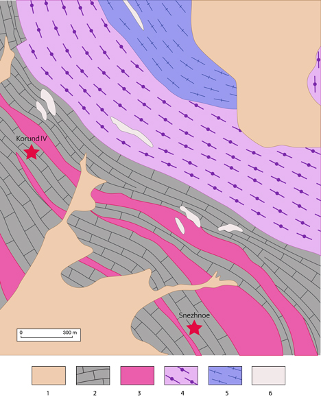 Map illustrating the regional geology of the corundum deposit in Snezhnoe, Tajikistan