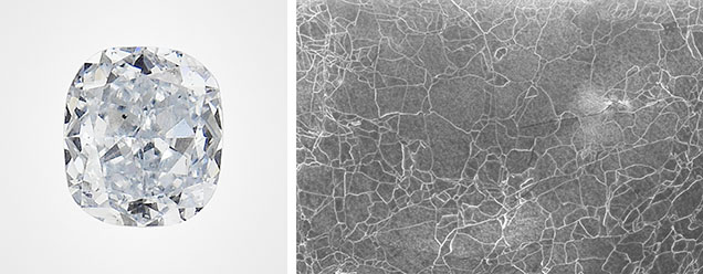 Figure 4. Blue type IIb diamond with dislocation networks. Left: Face-up image of a 0.08 ct Fancy Light blue diamond (2.76 × 2.42 mm). Photo by Jian Xin (Jae) Liao. Right: Cathodoluminescence image revealing dislocation networks. Image by Elina Myagkaya; field of view 2.18 mm.
