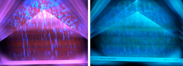 Figure 10. This CVD-grown diamond was examined before and after HPHT annealing treatments. Deep-UV fluorescence imaging highlights the changes in defect concentrations. Left: Untreated, it showed red emission from NV0 defects. Right: After treatment, the fluorescence was dominated by shades of blues and greens from band A associated with dislocations and H3 (N2V0) defects, respectively. Notably, the layered pattern indicative of multi-stage CVD growth, as well as the violet blue–fluorescing dislocations, remain after treatment. The square modified brilliant sample was repolished, changing the weight from 16.41 ct to 15.73 ct. From Eaton-Magaña and Myagkaya (2024).