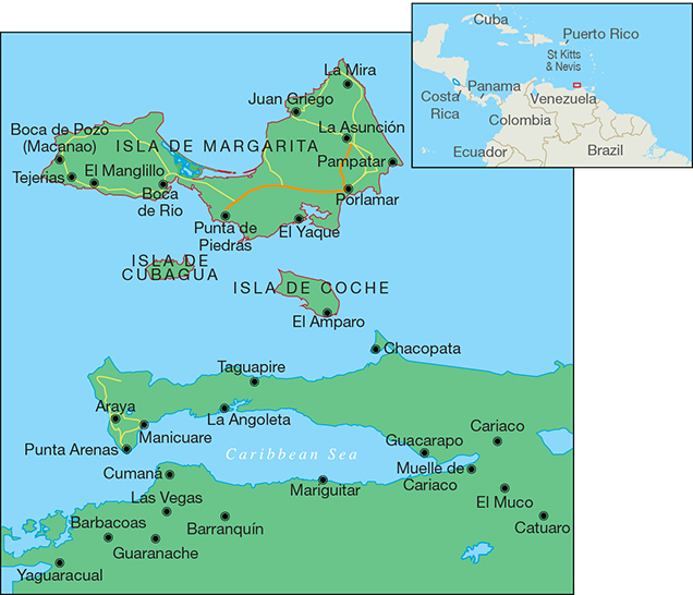 The Venezuelan islands of Margarita, Cubagua, and Coche.
