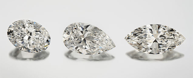 Figure 1. Oval-, pear-, and marquise-shaped diamonds show more complex appearance patterns than standard round brilliants. Photos by Jian Xin (Jae) Liao.