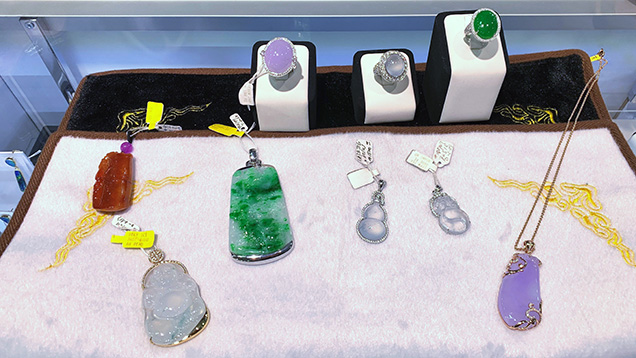 Selection of jadeite jewelry at Frank Lau’s booth.