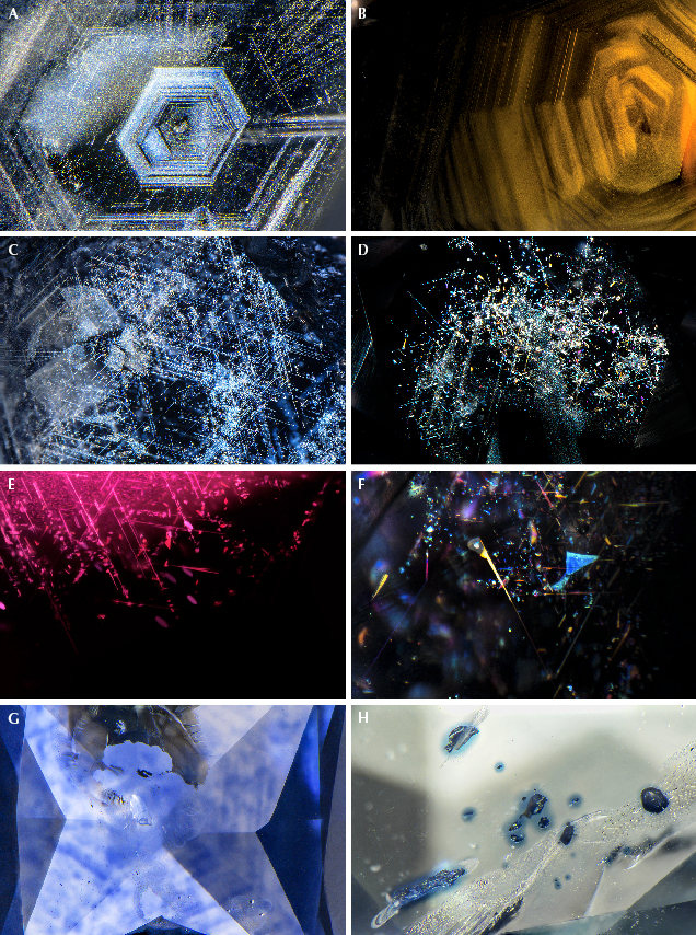 A series of abstract, colorful microscopic images showcasing various crystalline structures and patterns.