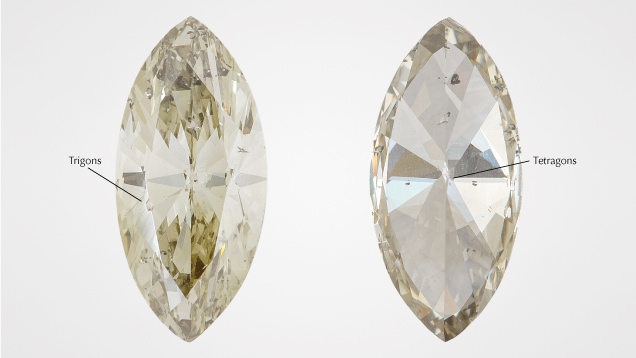 Figure 1. Table (left) and pavilion (right) views of a chameleon diamond with visible trigons and tetragons. The trigons and tetragons are shown in more detail in figures 2 and 3. The diamond measures 1.28 cm in length. Photo by Adriana Robinson. Figure 1. Table (left) and pavilion (right) views of a chameleon diamond with visible trigons and tetragons. The trigons and tetragons are shown in more detail in figures 2 and 3. The diamond measures 1.28 cm in length. Photo by Adriana Robinson.