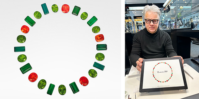 Figure 2. Left: “Dance of the Jungle” layout with 316 carats total of mandarin garnet, green tourmaline, and peridot. Courtesy of Constantin Wild. Right: Wild shows a different orange and green “Dance of the Jungle” layout with 37.26 carats total of tsavorite garnet, fire opal, chrome diopside, and Mali garnet. Photo by Jennifer Stone-Sundberg; courtesy of Constantin Wild.