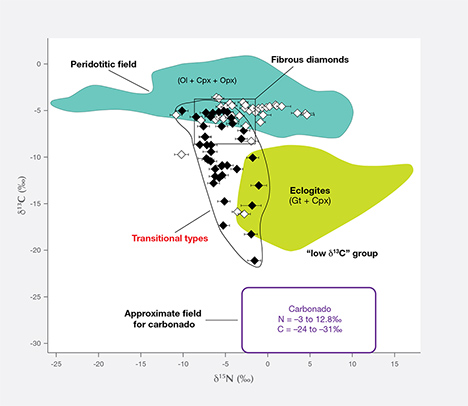 Paired stable isotope plot of C vs. N for conventional diamond and carbonado