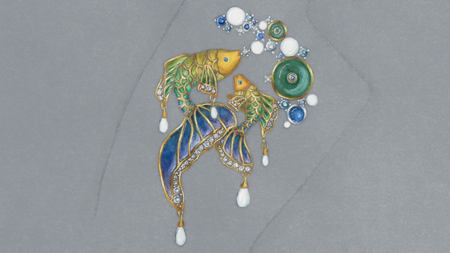 2020 Winner Belle Sin Ting Wong, a graduate of the GIA jewelry design course in Hong Kong, was the winner of the 2020 Gianmaria Buccellati Foundation Award for Excellence in Jewelry Design. One of nine finalists from seven GIA schools, her winning design is a brooch featuring yellow and white gold, diamond, enamel, jadeite, pearl and sapphire. The design is inspired by the Siamese fighting fish. Photo by Emily Lane/GIA.