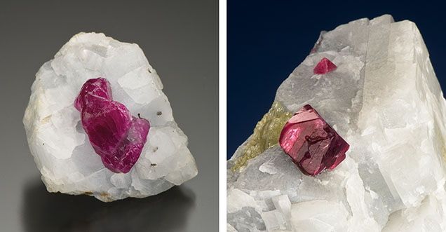 Figure 2. Ruby crystal in calcite marble (28.03 g; left) and spinel crystal in calcite and dolomite marble (412.40 g; right) from Myanmar. Photos by Robert Weldon; gifts of the Larson family, GIA Museum nos. 24188 and 23669.