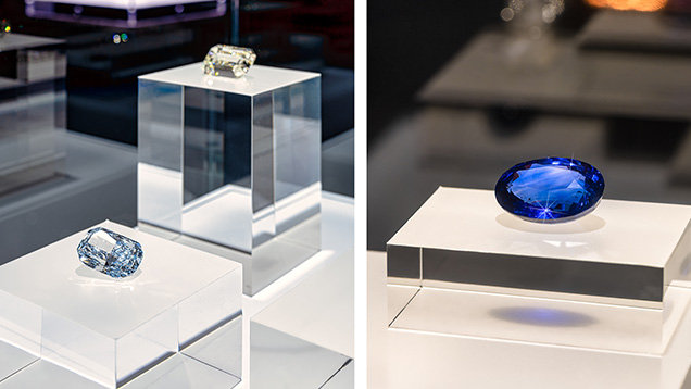 The 46.39 ct Fancy blue Celeste and 100.92 ct colorless diamonds (left) and 108.03 ct blue sapphire from Sri Lanka (right) on display at the <i>Brilliance</i> exhibit. The 46.39 ct Fancy blue Celeste and 100.92 ct colorless diamonds (left) and 108.03 ct blue sapphire from Sri Lanka (right) on display at the <i>Brilliance</i> exhibit.