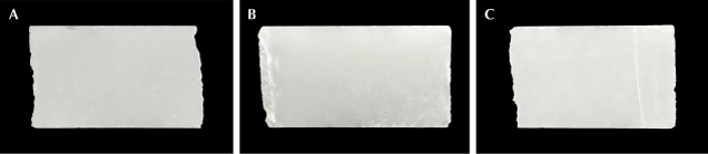 Figure 3. Three representative samples of Russian white nephrite: ELS13 (4.0 × 2.5 × 0.9 cm; A), ELS24 (3.8 × 20.0 × 0.8 cm; B), and ELS27 (3.6 × 2.5 × 0.7 cm; C). Photos by Meiyu Shih.