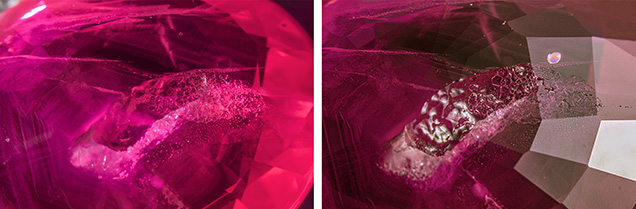 A large cavity partially filled with synthetic overgrowth on the pavilion of a heated Burmese ruby in darkfield lighting (left) and reflected lighting (right). Photomicrographs by Nicole Ahline; field of view 7.19 mm.