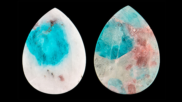 Figure 1. Two pieces of “Paraíba matrix” weighing 4.23 ct (sample PB1, left) and 3.67 ct (PB2, right). Photo by Xinchenlu Ai.