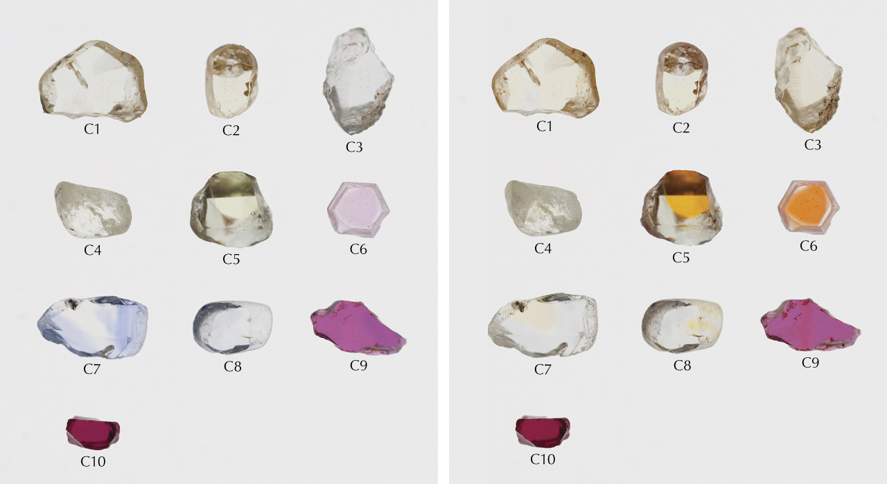 Figure 1. Color-calibrated photo of studied natural corundum crystals from various deposits ranging from 0.44 to 1.28 ct before heating. Photo by Sasithorn Engniwat.