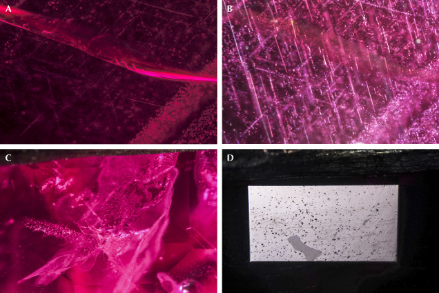 Figure 9. Two different rubies showing features under two different light sources. Top ruby: Darkfield lighting displays a feather (A), and fiber-optic lighting shows fine rutile silk (B). Bottom ruby: Darkfield and fiber-optic lighting reveals residue from heat treatment (C), and reflective lighting displays a cavity filled with a glass residue (D). Photomicrographs by Nicole Ahline; fields of view 1.42 mm (A and B) and 3.57 mm (C and D).