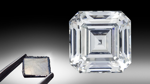 Figure 1. This 10.02 ct E-color, VS<sub>1</sub>-clarity emerald-cut diamond is an example of the great strides made in HPHT growth technology in the past two decades, as laboratory-grown diamonds have become an important sector of the gem diamond market. Photo by Johnny Leung. The as-grown CVD diamond plate (1.24 ct, 8.41 × 8.60 × 1.26 mm) was manufactured by GIA at its New Jersey research facility. Photo by Adrian Chan.