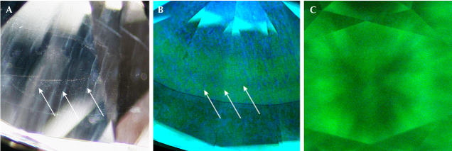 Figure 2. A: Hazy parallel lines (indicated by arrows) resembling whitish internal graining. Photomicrograph by Raju Jain; field of view ~6.31 mm. DiamondView imaging of the pavilion facets showed blue growth layers in green fluorescence (B), as well as strong green phosphorescence (C). Images by Suraj Maurya.