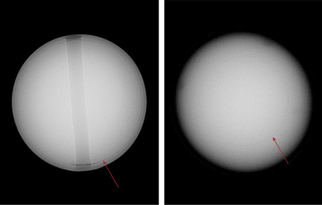 Two images of a spherical object, one showing a distinct line marked by an arrow, the other with a subtle curve also indicated by an arrow.
