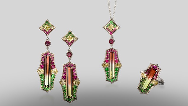 Bicolored elbaite tourmaline earrings, ring, and pendant.