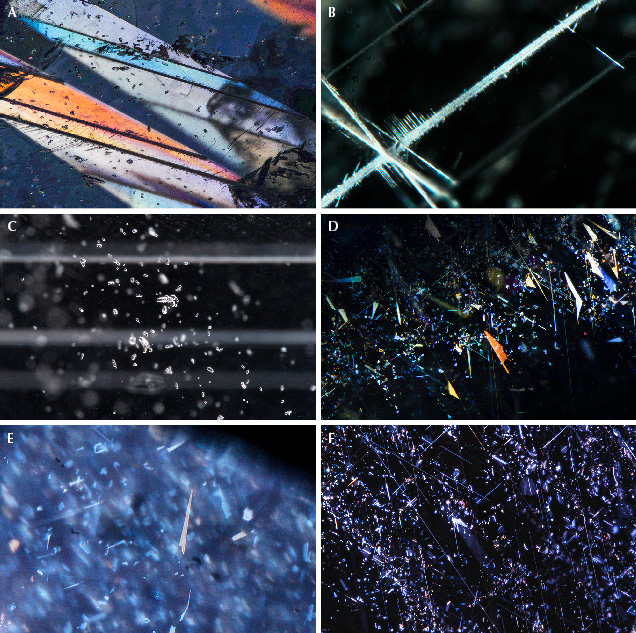 Microscopic images showcasing various mineral structures and textures, featuring colorful patterns and crystalline formations.
