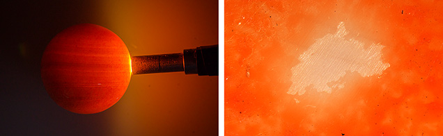 Figure 4. Left: A “banding test,” performed using strong transmitted lighting to reveal banding, indicated the item was fashioned from shell. Photo by Nuttapol Kitdee. Right: The underlying white surface was exposed in one polished area. Photomicrograph by Ravenya Atchalak; field of view 3.60 mm.