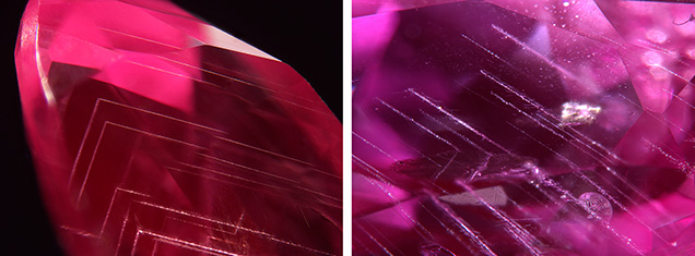 Inclusions in these Muling sapphire samples form angular-shaped patterns and subparallel lines.