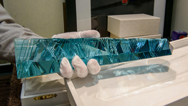 Dom Pedro Aquamarine Obelisk. The Dom Pedro aquamarine obelisk by gem sculptor Bernd Munsteiner is the largest cut aquamarine. - Eric Welch, courtesy Smithsonian Institution