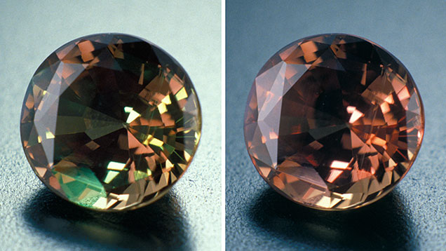 Alexandrite. The color change displayed by this alexandrite from Sri Lanka lacks strength, and its colors are brownish.