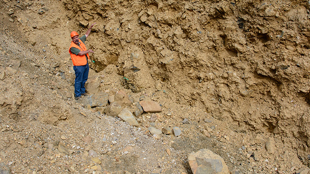 露頭のサファイア含有層を指し示している男性. Keith Barron showing the mudflow at Eldorado Bar