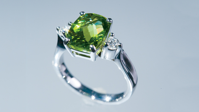 Checkerboard-cut Peridot. Peridot is popular for some uncommon cuts like the checkerboard. - Courtesy Gem Center Northwest