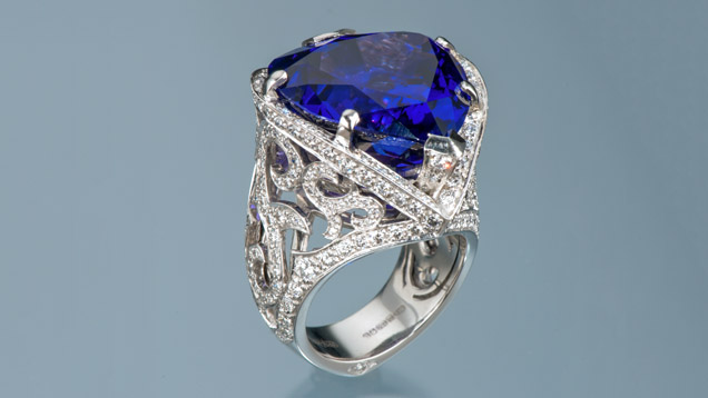 29.22-carat Tanzanite Ring. This 29.22-carat tanzanite has a deep violetish blue color sometimes described as midnight blue. - Courtesy Tanzanite Foundation ™