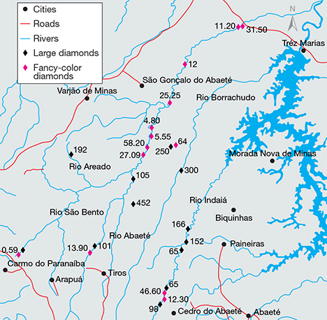 Map of river systems in Minas Gerais, Brazil. Figure 16. This map shows the Abaeté and nearby river systems in Minas Gerais that have produced large diamonds for many years. Again, the value shown next to each symbol represents the carat weight of the rough crystal found at the location. Discoveries of colored diamonds are indicated by colored symbols. The rivers shown on the map, some of which flow into the Tres Marias reservoir, are all located within the southern portion of the São Francisco River basin.